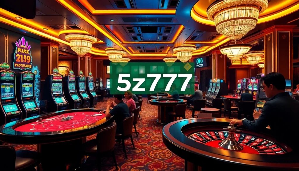Experience the thrill of 5z777 at a vibrant casino poker game with glowing slot machines and colorful chips.